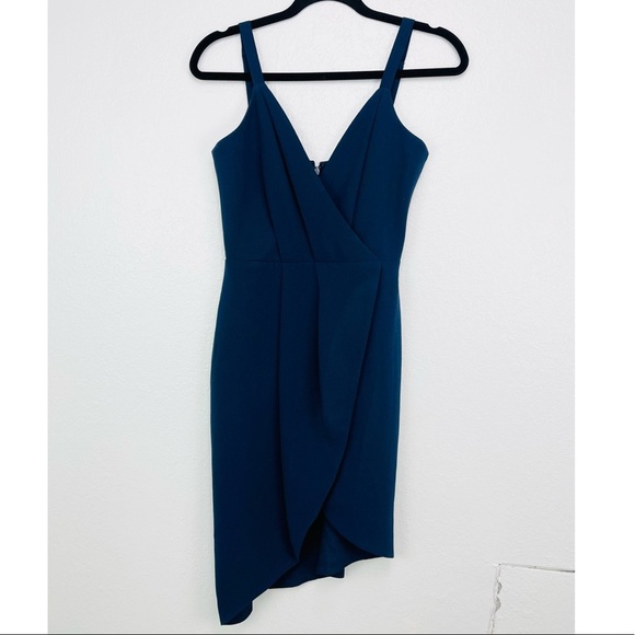 Dress the Population Navy Blue faux wrap Asymmetrical pleated dress - Picture 2 of 8